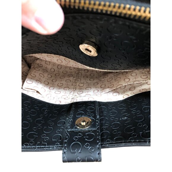 Guess Black Handbag Embossed Logo Faux Leather Purse Gold-Tone Hardware Handles - Picture 8 of 15